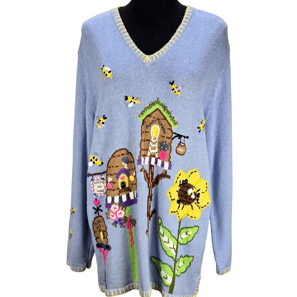 Women's Quacker Factory Large Blue Bee Sunflower V-Neck Sweater Cottagecore